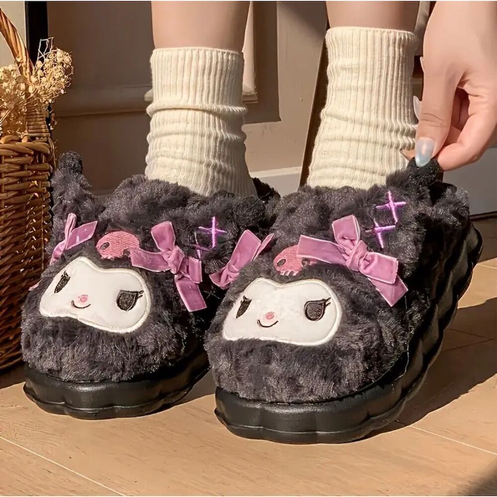 Sanrio Kuromi Plush Slippers Black 7.5 Kawaii Cozy Slide On Y2k Trendy Comfy - Picture 2 of 8